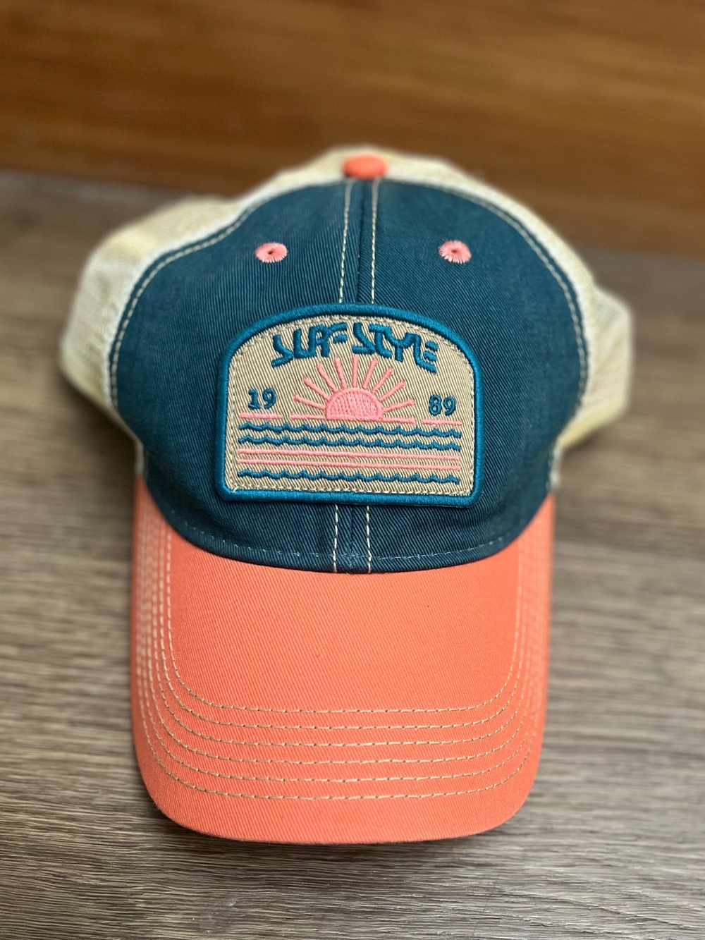 Women’s Surf-Style Patch Trucker Hat in Teal, Coral & Khaki